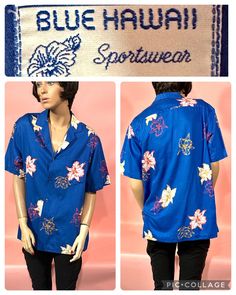 Vintage 1960's BLUE HAWAII SPORTSWEAR Hawaiian Shirt in Brilliant Blue Floral Pattern  Cotton  Small /Medium Measurements: Shoulders 19 sleeves 18 chest 42 waist 42, hips 42 length from shoulder to hem 27 Womens Hawaiian Shirt, Hibiscus Shirt, Custom Face Shirt, Aloha Dress, Hawaiian Shirt Women, Blue Hawaii, Blue Floral Pattern, Blue Hawaiian, Tuxedo Shirts