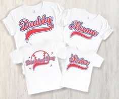 three matching shirts with the word daddy and sister printed on them, sitting on a wooden surface