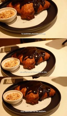 three different views of food on plates with chocolate sauce and cereal in the middle one is half eaten