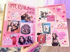 a person holding up a pink birthday book with pictures and words on the pages,