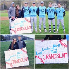 some people are holding signs and posing for pictures in the grass with baseballs on them