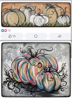 two pictures with different colored pumpkins on them