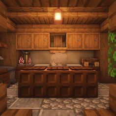 a kitchen with wooden cabinets and counter tops in an old minecraft style house or office