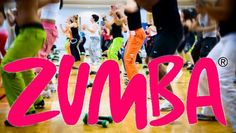 a group of people doing zumba dance on a wooden floor with the words zumba in pink