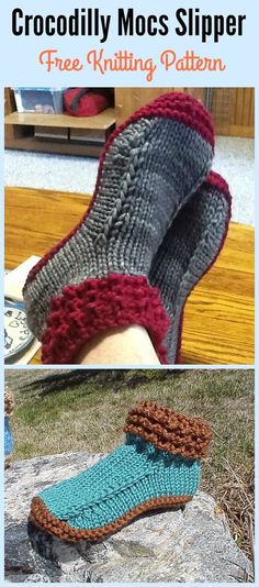 crocheted slippers with text that reads, free knitting pattern crocodile mocs slipper