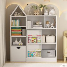 a white book shelf filled with lots of books