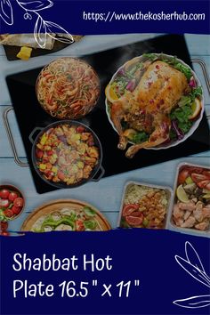 an advertisement for the shabat hot plate is displayed on a blue background with food