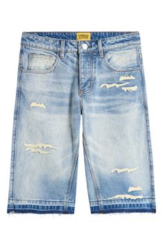 Well-faded nonstretch denim brings an old-favorite look and feel to shorts decorated with ocean-wave embroidery and relaxed with unrolled, threadbare hems. 14" inseam; 23" leg opening; 12 1/2" front rise; 16" back rise (size 32) Zip fly with button closure Five-pocket style 100% cotton Machine wash, line dry Imported Spring Bermuda Cotton Jeans, Spring Cotton Bermuda Jeans, Light Wash Recycled Denim Shorts For Summer, Spring Medium Wash Bermuda Jeans, Bermuda Jeans In Medium Wash For Spring, Spring Bermuda Denim Jeans, Light Wash Recycled Denim Shorts For Spring, Spring Light Wash Recycled Denim Shorts, Wave Embroidery