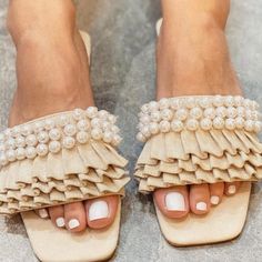 Follow On Instagram Yesisboutique Brand New Color:Beige Size:7 Type: Slide Sandals Style: Vacation Details: Pearls Feminine Beige Sandals For Beach, Beige Feminine Beach Sandals, Beige Sandals For Party And Beach Season, Trendy Cream Sandals For Party, Beige Summer Sandals For Party, Red Leather Ballet Flats, Ivory Flats, Pointed Ballet Flats, Mephisto Shoes