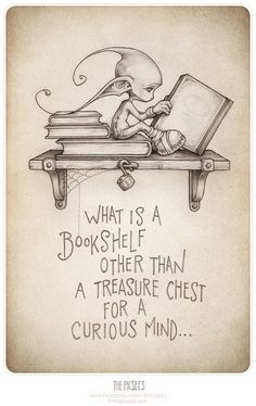 an image of a cartoon character sitting on top of a book with the caption what is a bookshelf than a treasure chest for curious mind