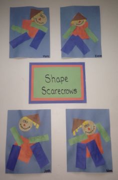 four pictures of scarecrows made out of paper on a white surface with the words shape scarecrows