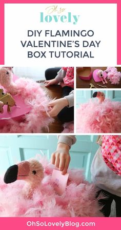 the diy flamingo valentine's day box is shown with instructions to make it