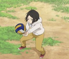 an anime character holding a volleyball ball in the middle of a grassy area with dirt and grass