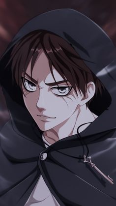 an anime character with blue eyes and a hoodie over his head, staring at the camera