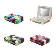 four different colored boxes with one open and the other closed, all in various patterns