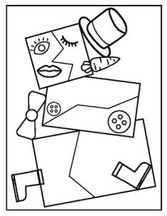 a black and white drawing of a person with a hat on top of a box