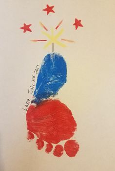 a child's handprint with red, white and blue stars in the background