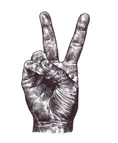 a black and white drawing of a hand making the peace sign with it's fingers