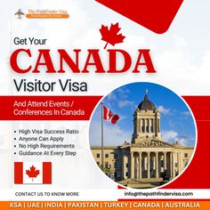 an advertisement for the canada visitor visa with a photo of a building and canadian flag