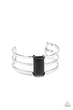 Chiseled into a sleek rectangle, a smooth black stone is pressed into the center of a silver layered cuff for a seasonal flair. Sold as one individual bracelet. P9SE-BKXX-224XX Black Cuff Bracelet, Black Bracelet, Jewelry Images, Paparazzi Accessories, Black Bracelets, Unique Bracelets, Paparazzi Jewelry, Silver Cuff Bracelet, Black Stone