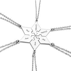 PRICES MAY VARY. 6 pieces Hexagram matching pendant necklaces Each piece can engrave 15 characters most Share a piece of the puzzle, the best gift for each of your closest persons High quality Stainless Steel material, Durable, Fadeless and Polished For Friends, BFF, families, club members, team or other groups 

Made of High Quality Stainless Steel;Soft,Hypoallergenic, Lead-free, Nickel-free. 
Stainless steel has increasingly grown as a popular metal choice for jewelry; 
it is much thicker than 6 Friends, Puzzle Piece Necklace, 5 Best Friends, Bff Jewelry, Dainty Diamond Necklace, Friend Jewelry, Bff Necklaces, Best Friend Jewelry, Best Friend Necklaces