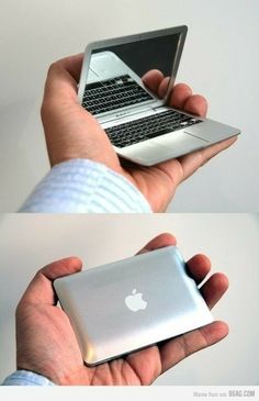 two pictures of an apple laptop being held in one hand and the other showing it's open lid