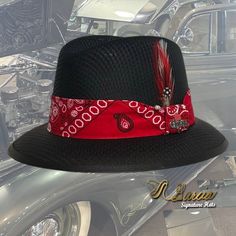 Handmade with the highest quality materials of 100% cotton string Non-Crushable Style: Classic Lowrider Derby Color: Black Hat Band: Red Bandana Hat Pin: Chicana Feathers: Rooster Brand: Garcia Signature Hats All sales are final  WWW.GARCIASIGNATUREHATS.COM Social Media  Facebook @garciasignaturehats Instagram @garciasignaturehats Black Cotton Hat For Festivals, Black Cotton Festival Hat, Traditional Black Summer Hats, Traditional Red Summer Hat, Black Flat Bill Hat Bands For Summer, Traditional Black Hat Bands For Beach, Traditional Black Hat With Flat Brim, Traditional Black Brimmed Hat, Black Lowrider