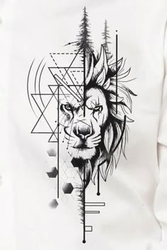 a black and white drawing of a lion's head with geometric shapes in the background