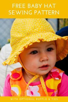 a baby wearing a yellow hat with the words free baby hat sewing pattern on it