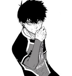 an anime character is holding his hand to his face while wearing a black and white shirt