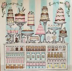 a drawing of a bakery with cakes and confections on the counter, in pastel colors