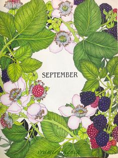 an illustration of flowers and leaves with the words september