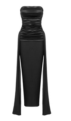 BANDEAU RUCHED MAXI DRESS IN BLACK Glamorous Ruched Strapless Evening Dress, Ruched Strapless Dress For Evening Party Season, Ruched Strapless Dress For Party Season, Elegant Ruched Strapless Dress For Party Season, Glamorous Ruched Strapless Dress For Cocktail, Evening Strapless Stretch Dress With Ruched Detail, Evening Strapless Ruched Stretch Dress, Black Ruched Strapless Dress For Party, Ruched Strapless Stretch Dress For Evening