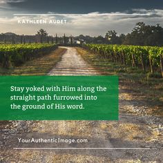 a dirt road with the words stay yoked with him along the straight path followed into the ground of his word