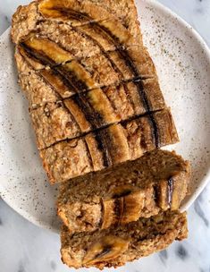 two slices of banana bread on a white plate