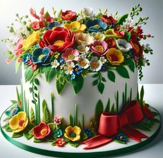 a cake decorated with flowers and green leaves