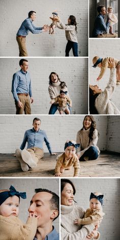 a collage of photos showing people holding their babies and smiling at the same time