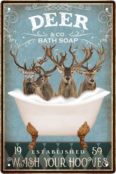 three deer are sitting in a bathtub with the words deer & co on it