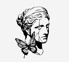 a black and white drawing of a woman's face with butterflies in her hair