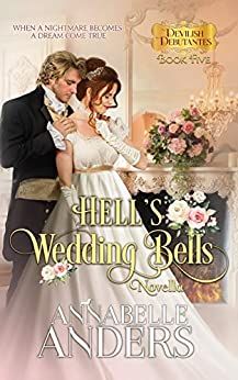 a bride and groom standing next to each other in front of a fireplace with the words hell wedding bells on it