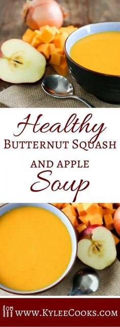 healthy butternut squash and apple soup with apples in the background, on a table