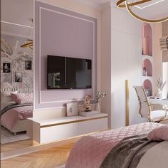 a bedroom with pink and white decor, gold accents and a flat screen tv mounted on the wall