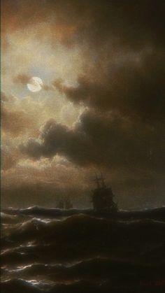 a painting of a ship in rough seas under a cloudy sky with the moon above it