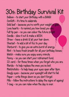 a pink birthday survival kit with balloons and the words 21st birthday survival kit on it