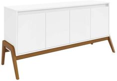 the sideboard is white and has wooden legs