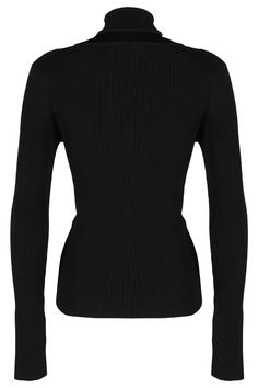 Black-colored ribbed top from Coperni, long-sleeve pattern, front cut-out details, crossover top neck. Designer Black Sweater With Ribbed Cuffs, Fitted Black Long Sleeve Top With Ribbed Detail, Black Cutout Sweater, Luxury Fitted Black Cropped Sweater, Black Long Sleeve Top With Cutout, Crossover Top, Sleeve Pattern, Ribbed Top, Jeans Jumpsuit