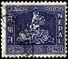 an old postage stamp with the image of a man on a boat and octopuses