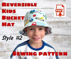 a young boy wearing a bucket hat with the words sewing pattern on it and an arrow pointing