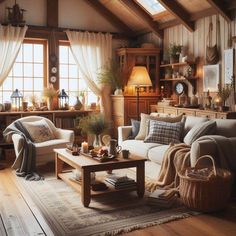 a living room filled with lots of furniture and decor on top of a wooden floor