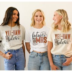 three women wearing matching t - shirts with the words gettin'goody on them